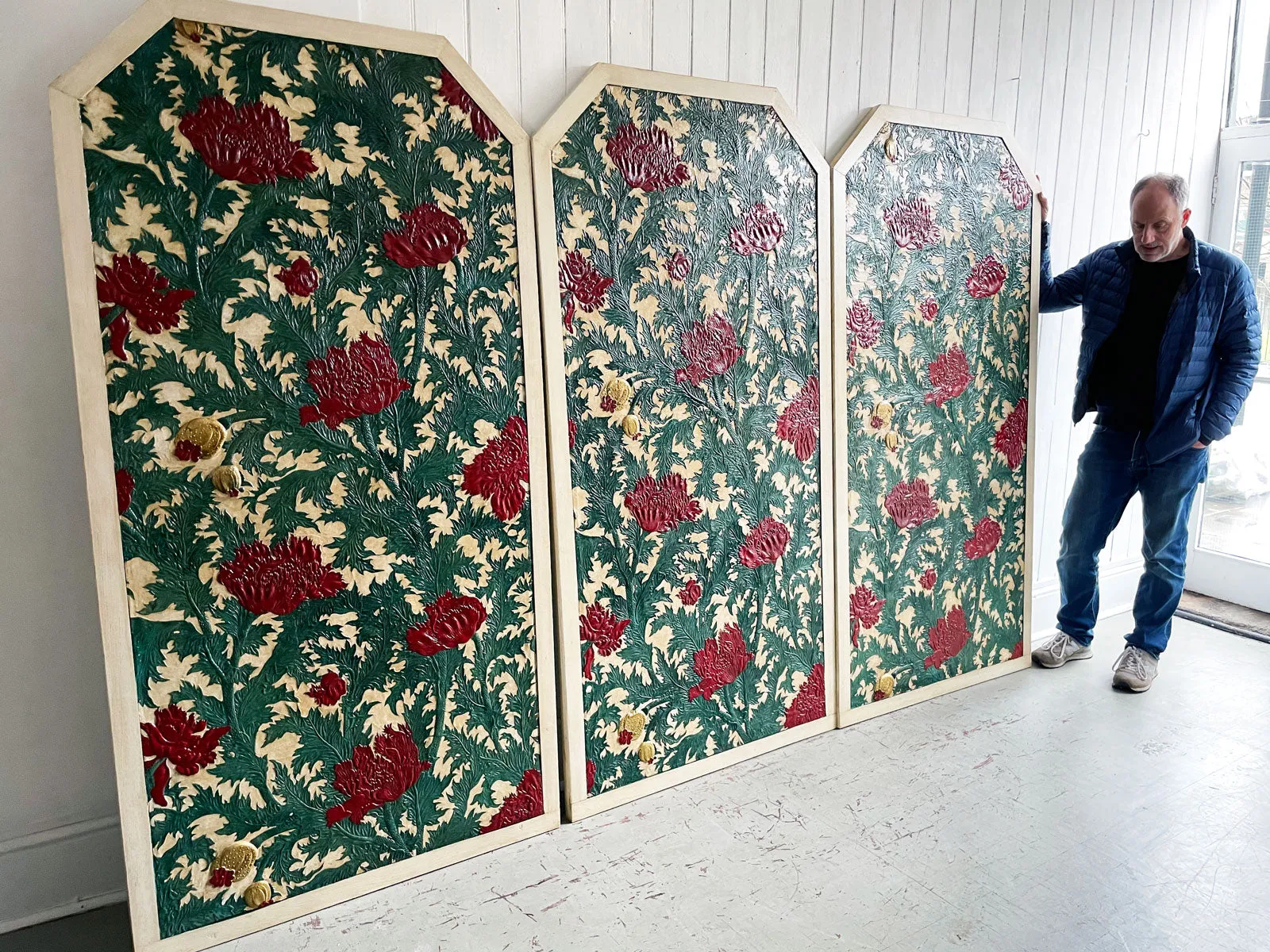 A Rare Set of Three Very Large Embossed Leather Panels in the Manner of William Morris