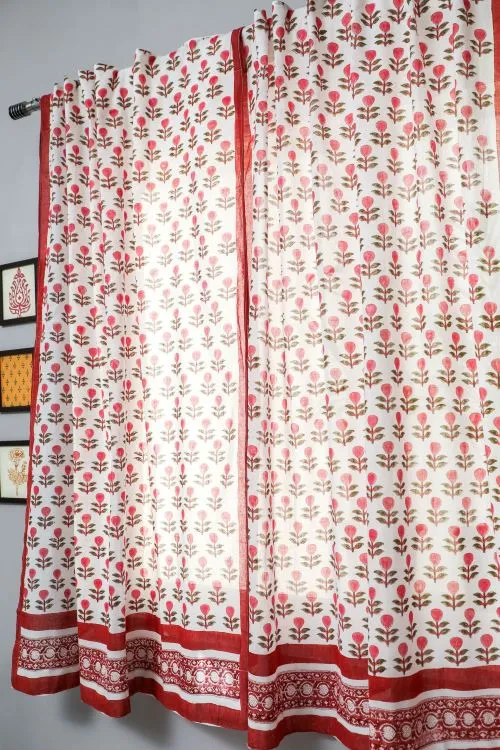 Evergreen Cherry Hand Block Printed Window Curtain