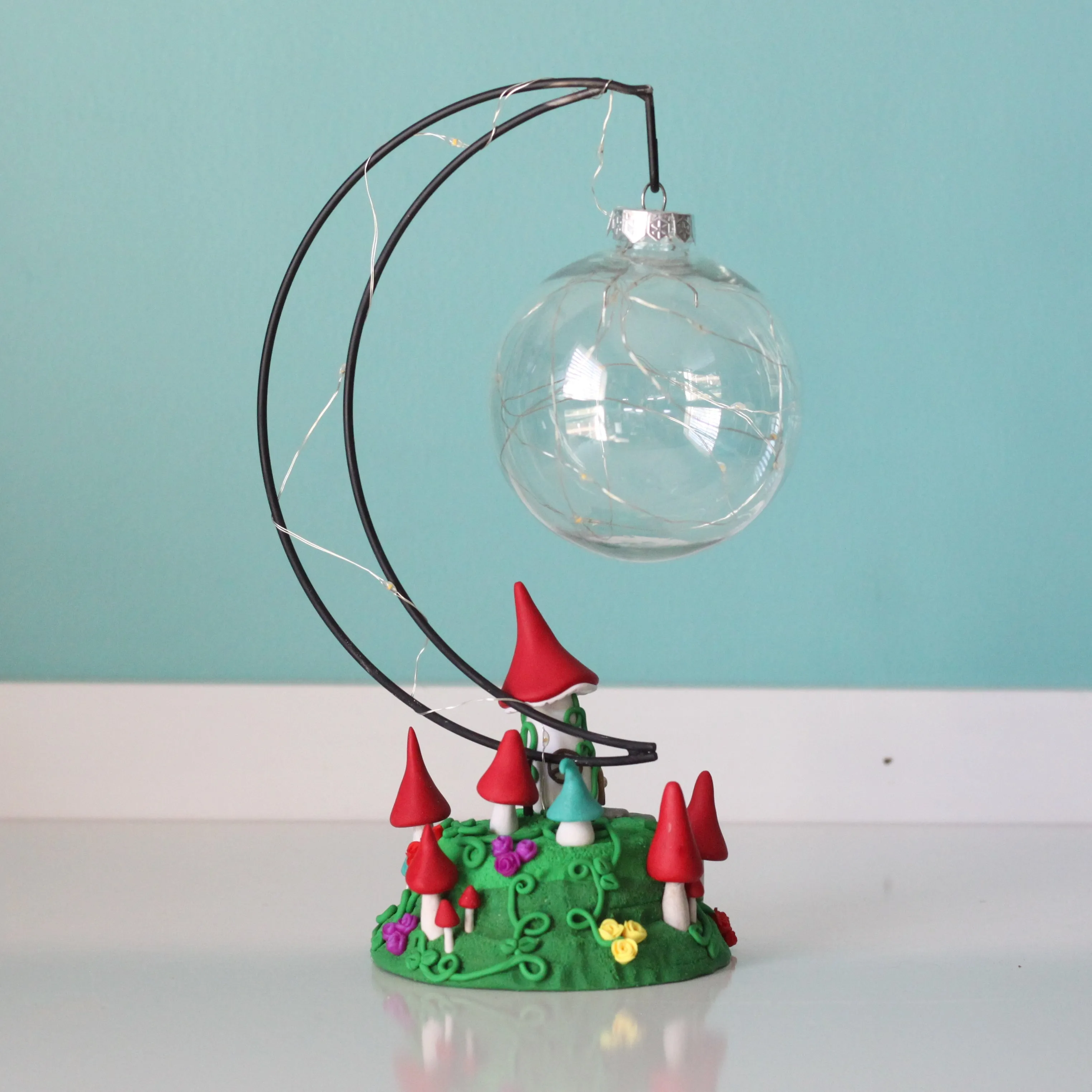 Fairy Mushroom house with Moon Ornament Hanger and fairy lights