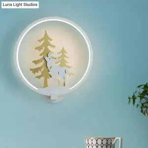 Minimalist LED Metal Wall Light Fixture with Black/White Deer and Tree Mural - Warm/White Lighting
