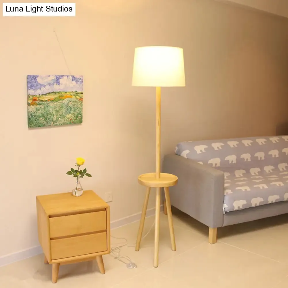 Nordic White Drum Floor Lamp with Tripod and Table - 1 Head Fabric Stand Up Lighting